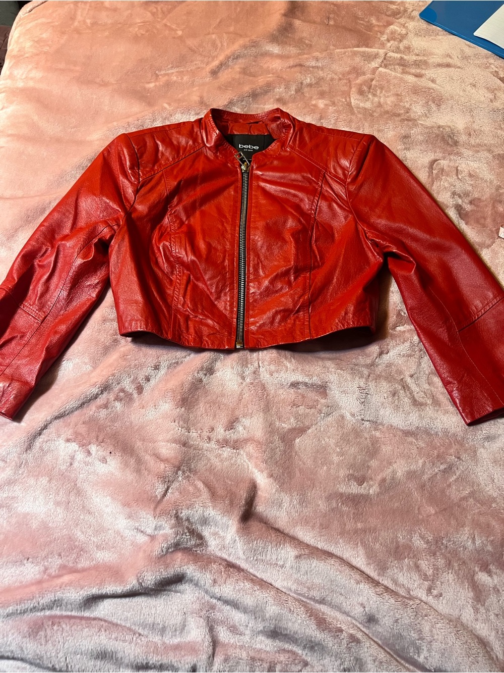 bebe Red Cropped Faux Leather Moto Jacket